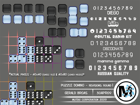 Muteki Corporation - Puzzle Domino - Domino Tile revisions, Grid mockups, and Font suggestions. Software used: Adobe Photoshop