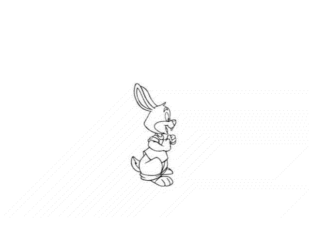 Reader Rabbit: 8 frame Hop Cycle, profile/side view. Hand drawn, 2B pencil on 12 field animation paper, 12fps,  processed thru ToonBoom US Animation.