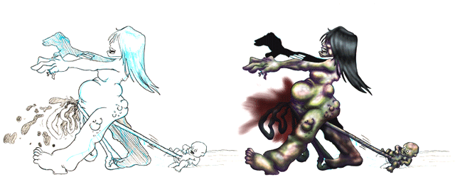 Pregnant Zombie - Concept Art for Unannounced Zombie game. Medium: Blue drawing pencil on paper, painted in Adobe Photoshop.